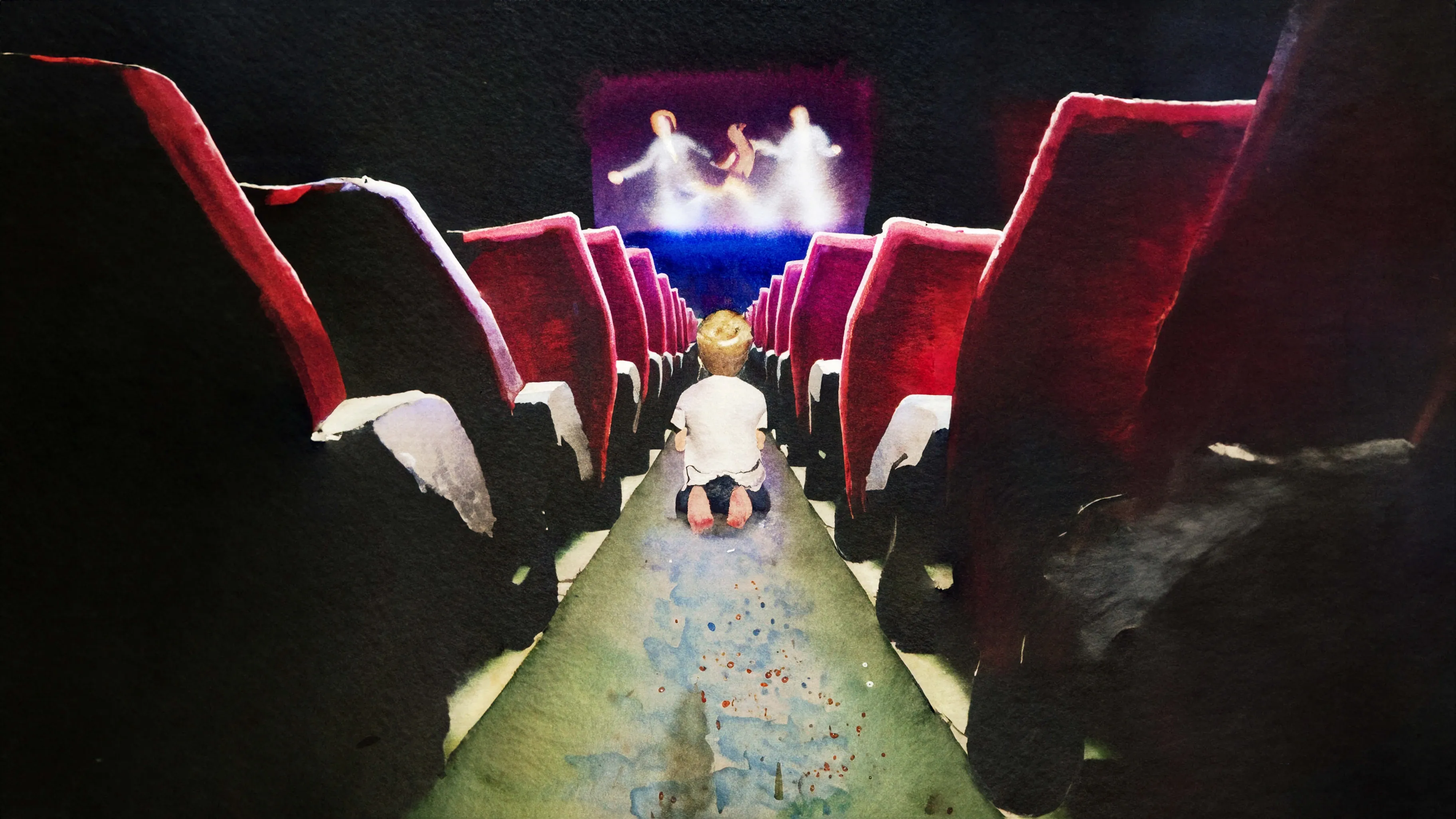 3 year old Bill Evans sitting in an empty movie theatre watching a Fred Astaire movie; watercolor reconstruction.